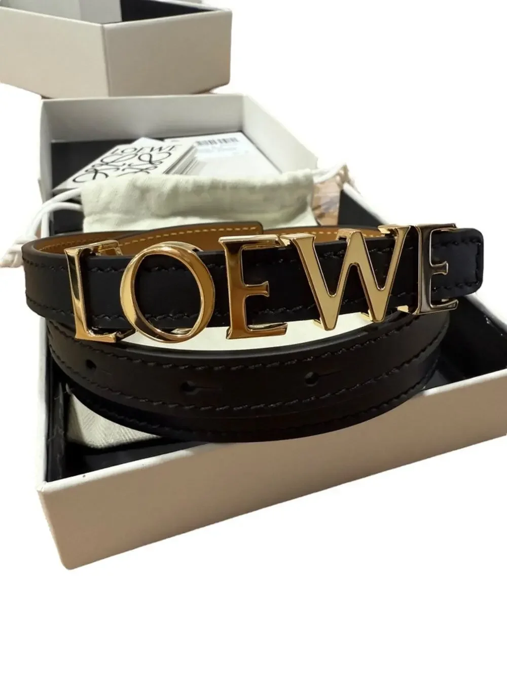 LOEWE Letter Logo Buckle Black Leather Skinny Belt 85